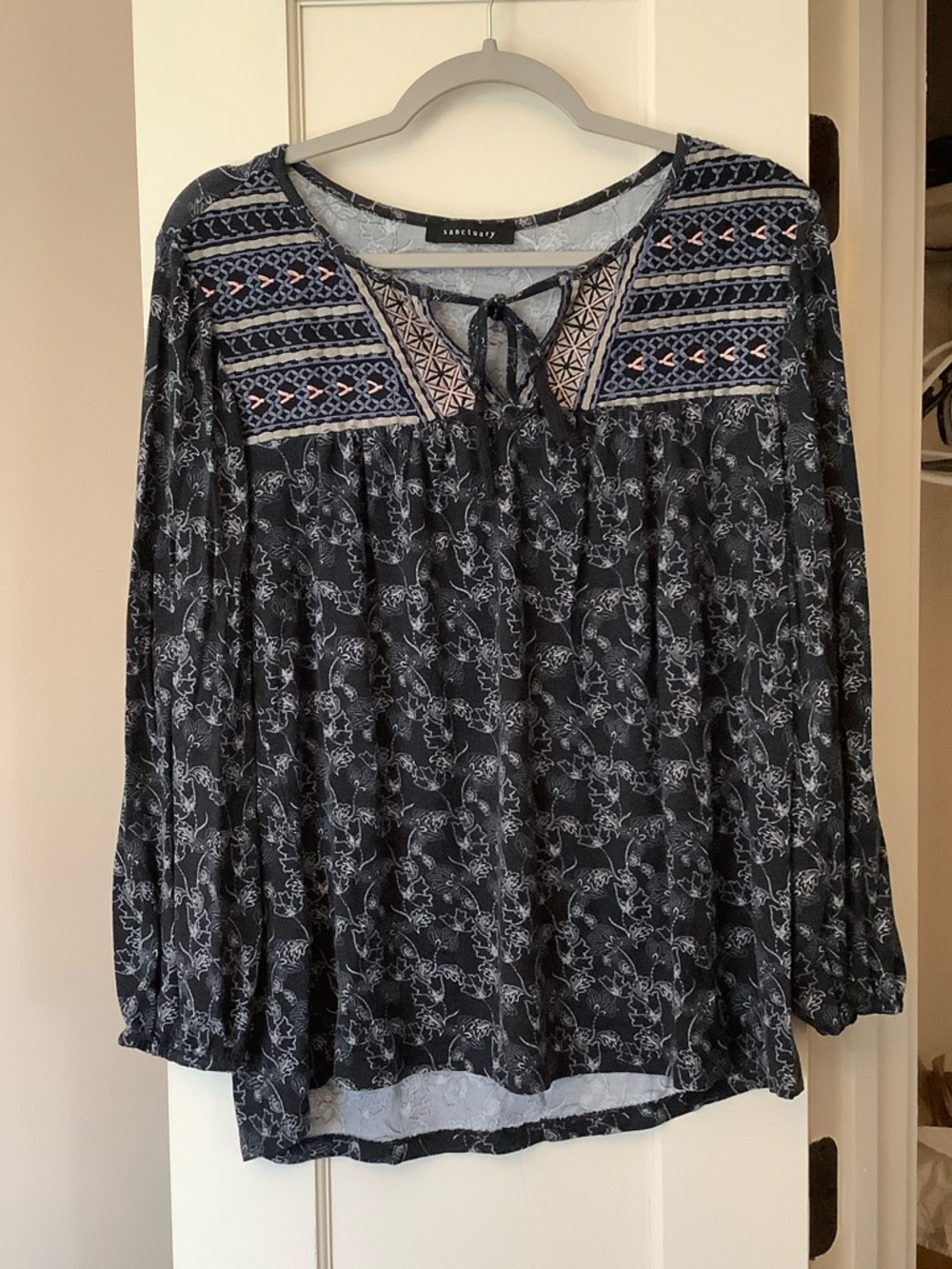 Sanctuary Black Floral Embroidered Tie-Neck Tunic
